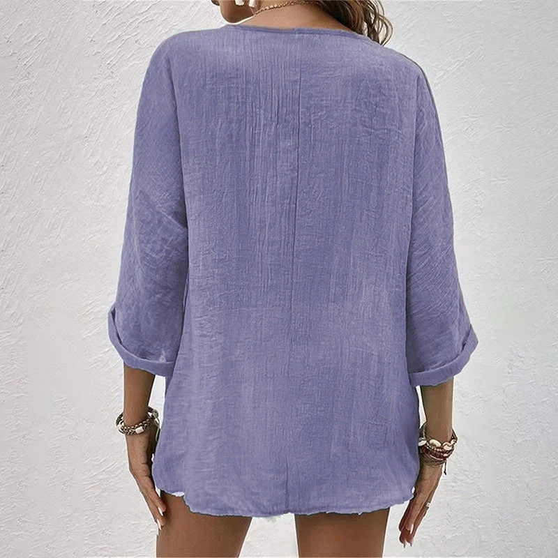 Chemise Décontractée à Col V pour Femme – Haut Boutonné à Manches Longues Uni - Image 9