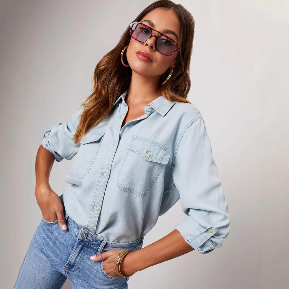 Chemise en Jean Femme avec Poches Poitrine – Coupe Décontractée Élégante - Image 3