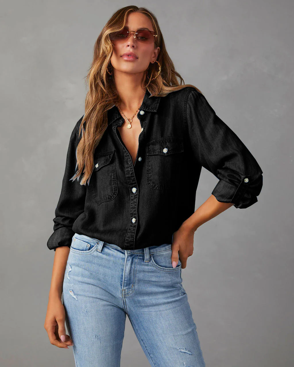 Chemise en Jean Femme avec Poches Poitrine – Coupe Décontractée Élégante - Image 5