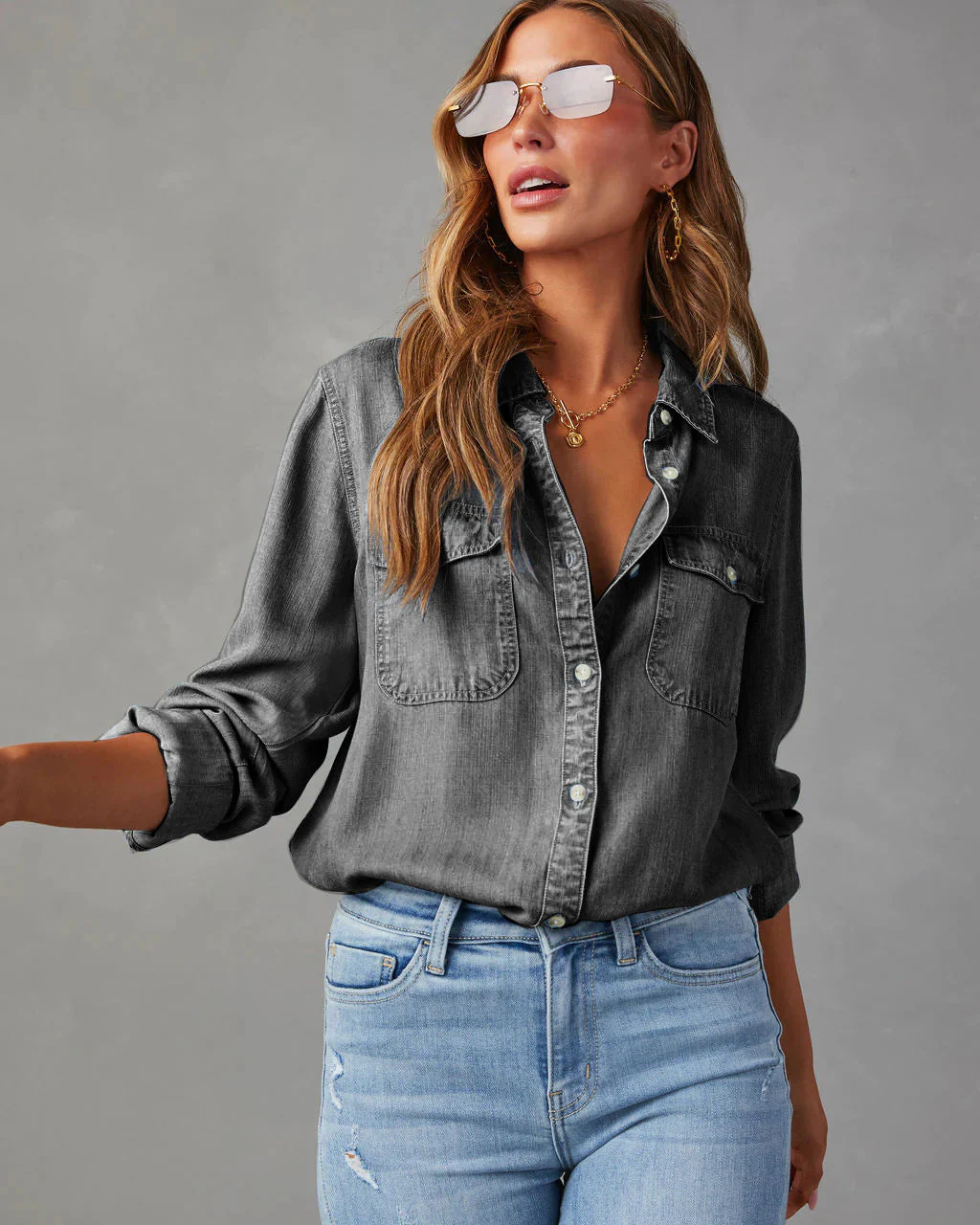 Chemise en Jean Femme avec Poches Poitrine – Coupe Décontractée Élégante - Image 6
