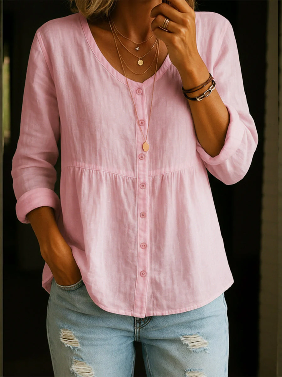 Chemise en mélange de lin et de coton pour femmes – Blouse décontractée ample à manches 3/4 et col rond