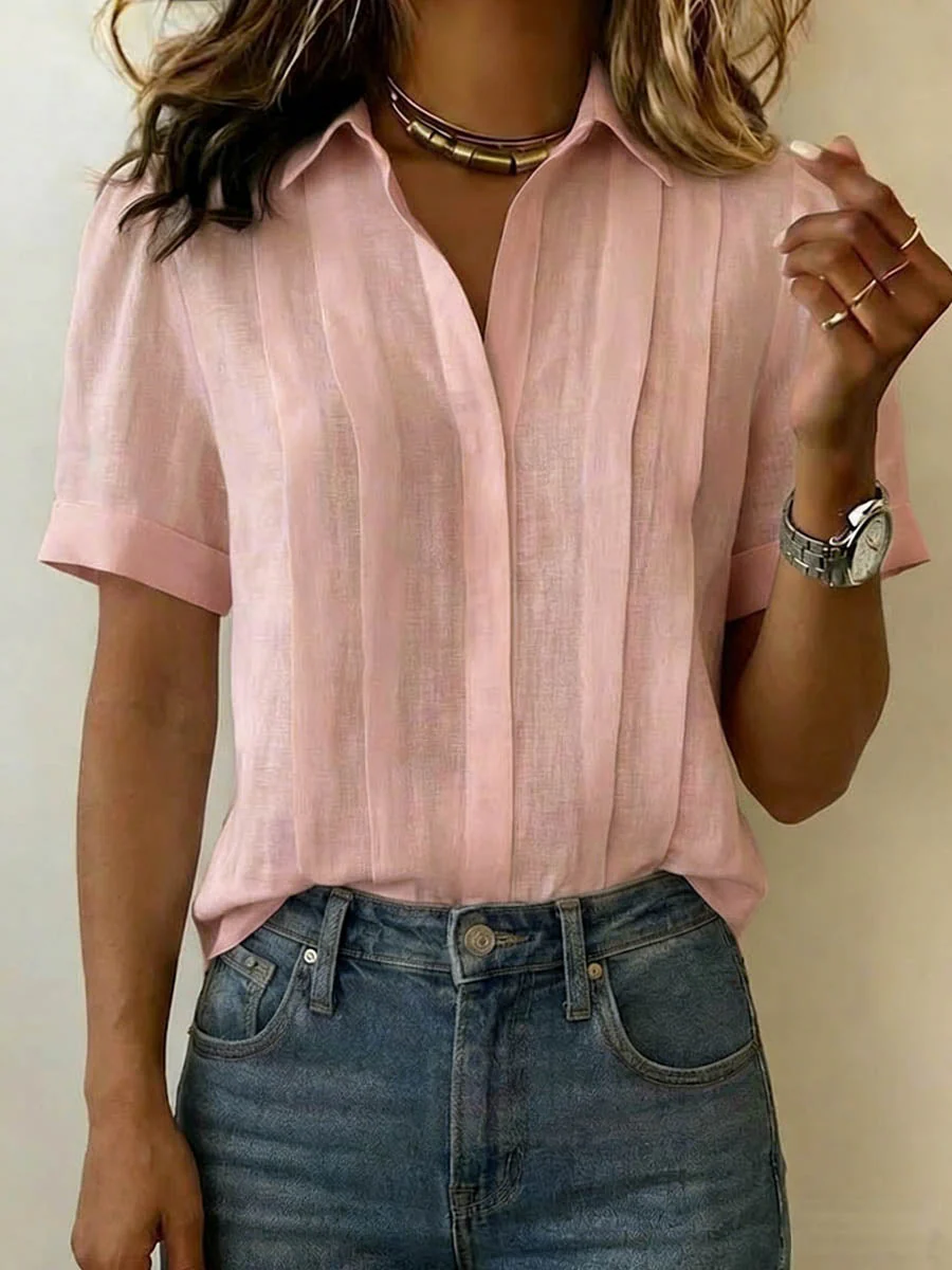 Chemise Femme en Coton et Lin à Manches Courtes avec Col – Décontractée et Légère - Image 2