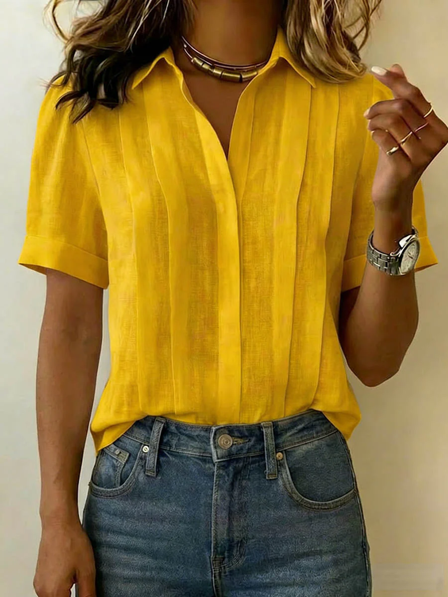 Chemise femme en coton et lin à manches courtes – Coupe ample plissée chic - Image 5