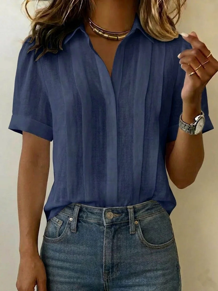 Chemise femme en coton et lin à manches courtes – Coupe ample plissée chic - Image 6