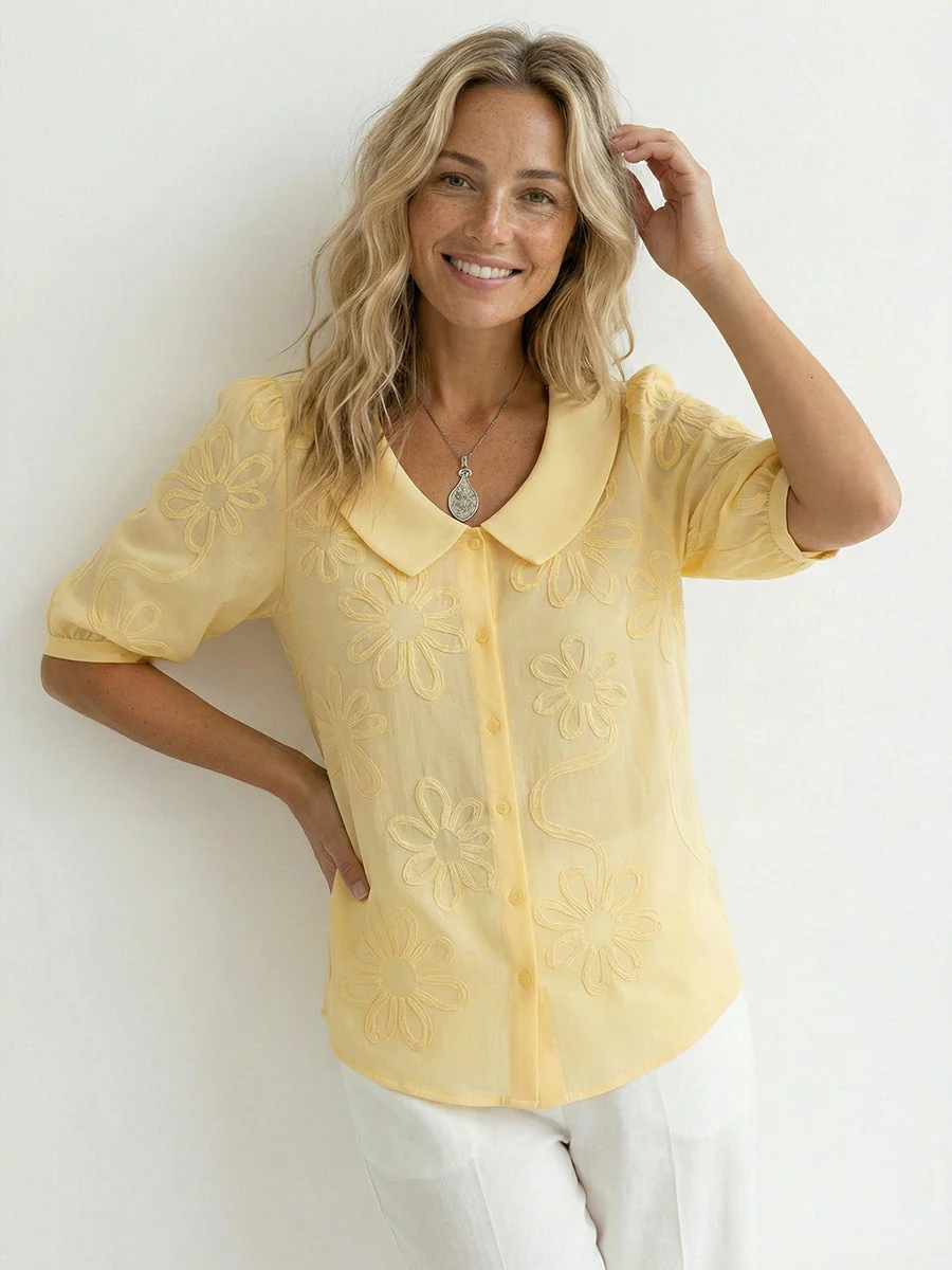 Chemise Femme Vintage Col Claudine – Broderie Florale Style Décontracté Élégant - Image 2