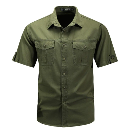 Chemise homme manches courtes coton – Style militaire décontracté - Image 3