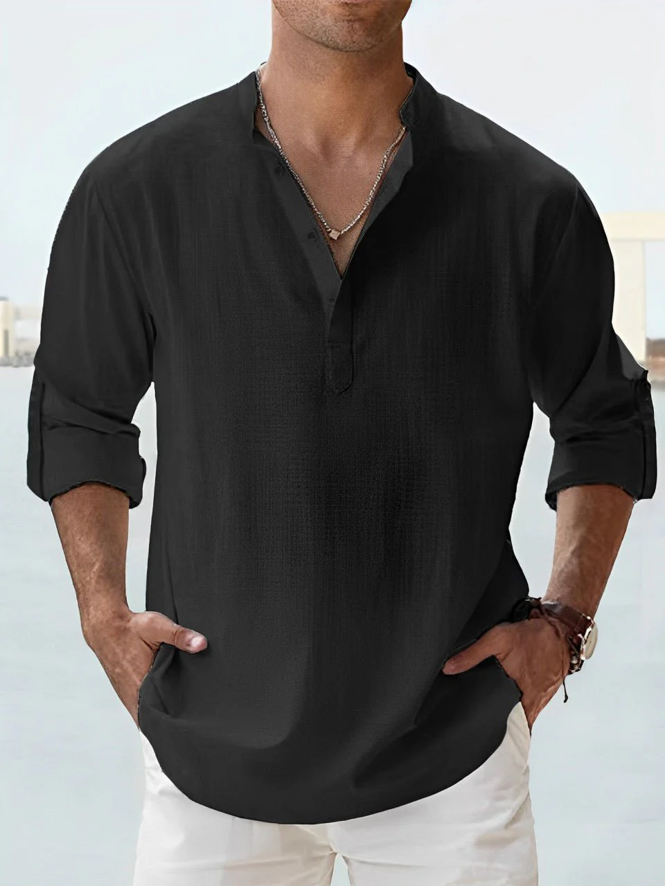 Chemise Noir Élégante en Lin pour Hommes - Image 11