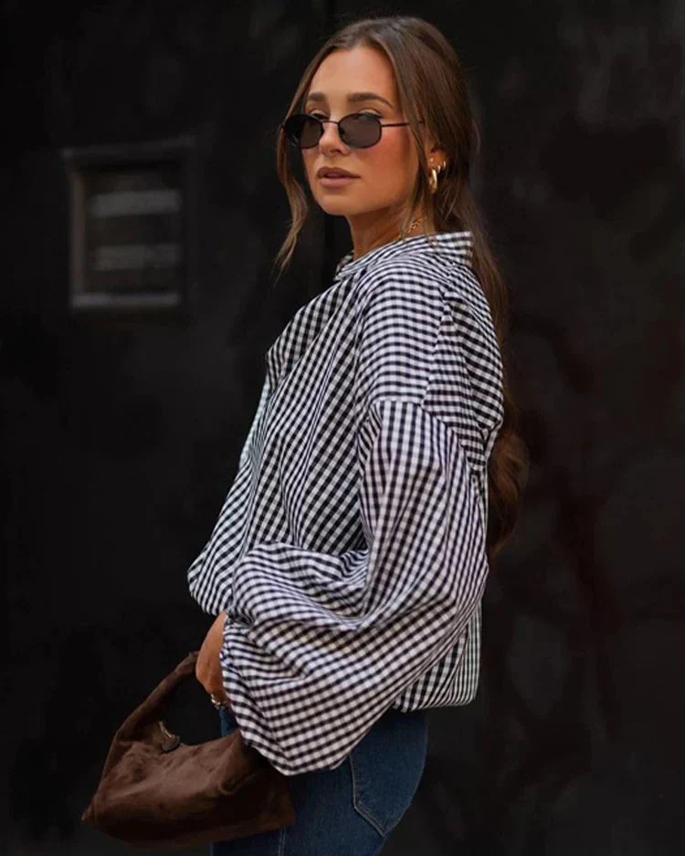 Chemise oversize élégante à carreaux pour femme – Manches ballon boutonnées - Image 2