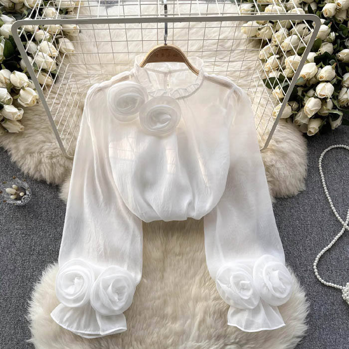 Chemisier Femme Élégant en Chiffon Blanc – Col Haut avec Détail Rose 3D - Image 2
