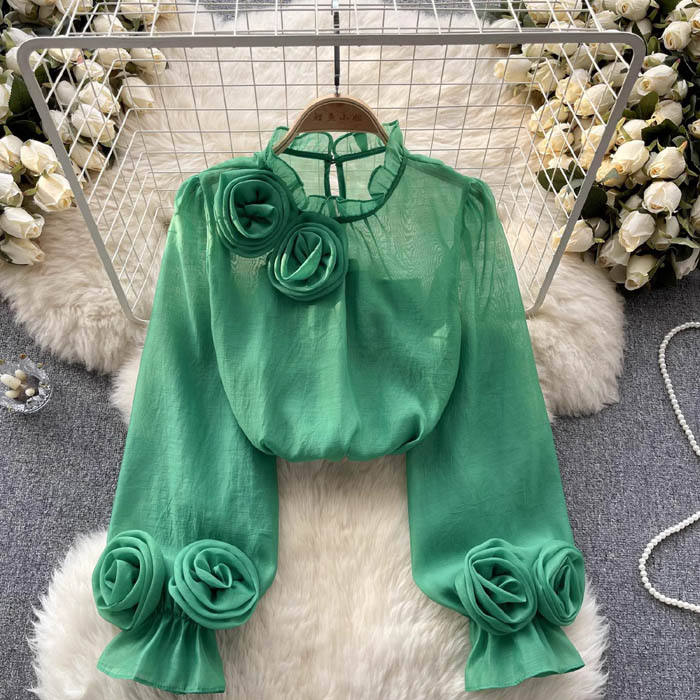 Chemisier Femme Élégant en Chiffon Blanc – Col Haut avec Détail Rose 3D - Image 4