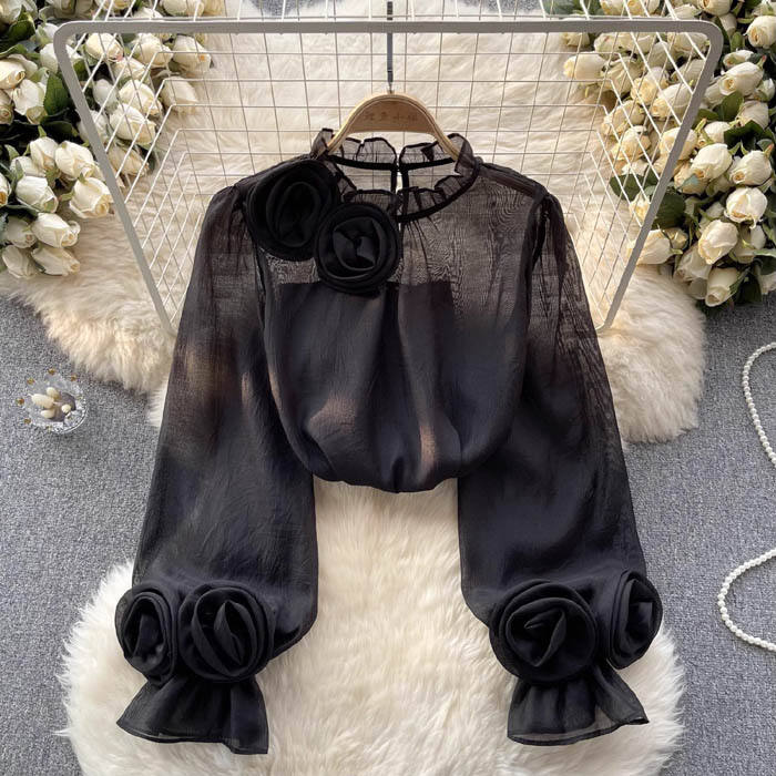 Chemisier Femme Élégant en Chiffon Blanc – Col Haut avec Détail Rose 3D - Image 6