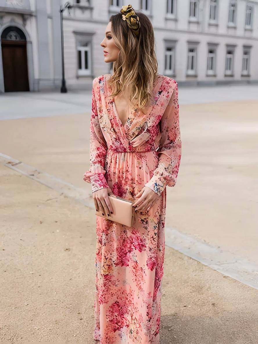 Robe Longue Élégante Fleurie Rose pour Femme – Coupe Décontractée Col V Sans Manches Fluidité - Image 2