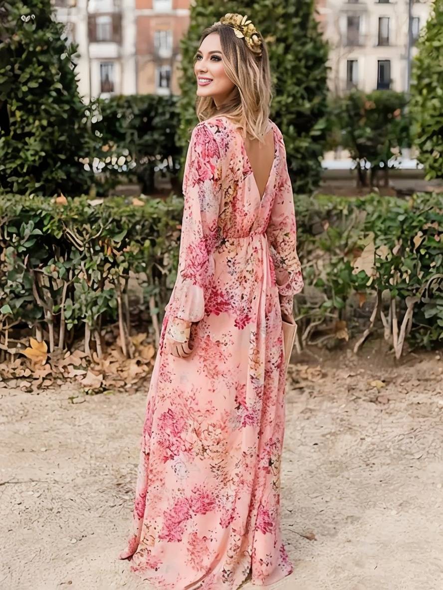 Robe Longue Élégante Fleurie Rose pour Femme – Coupe Décontractée Col V Sans Manches Fluidité - Image 3