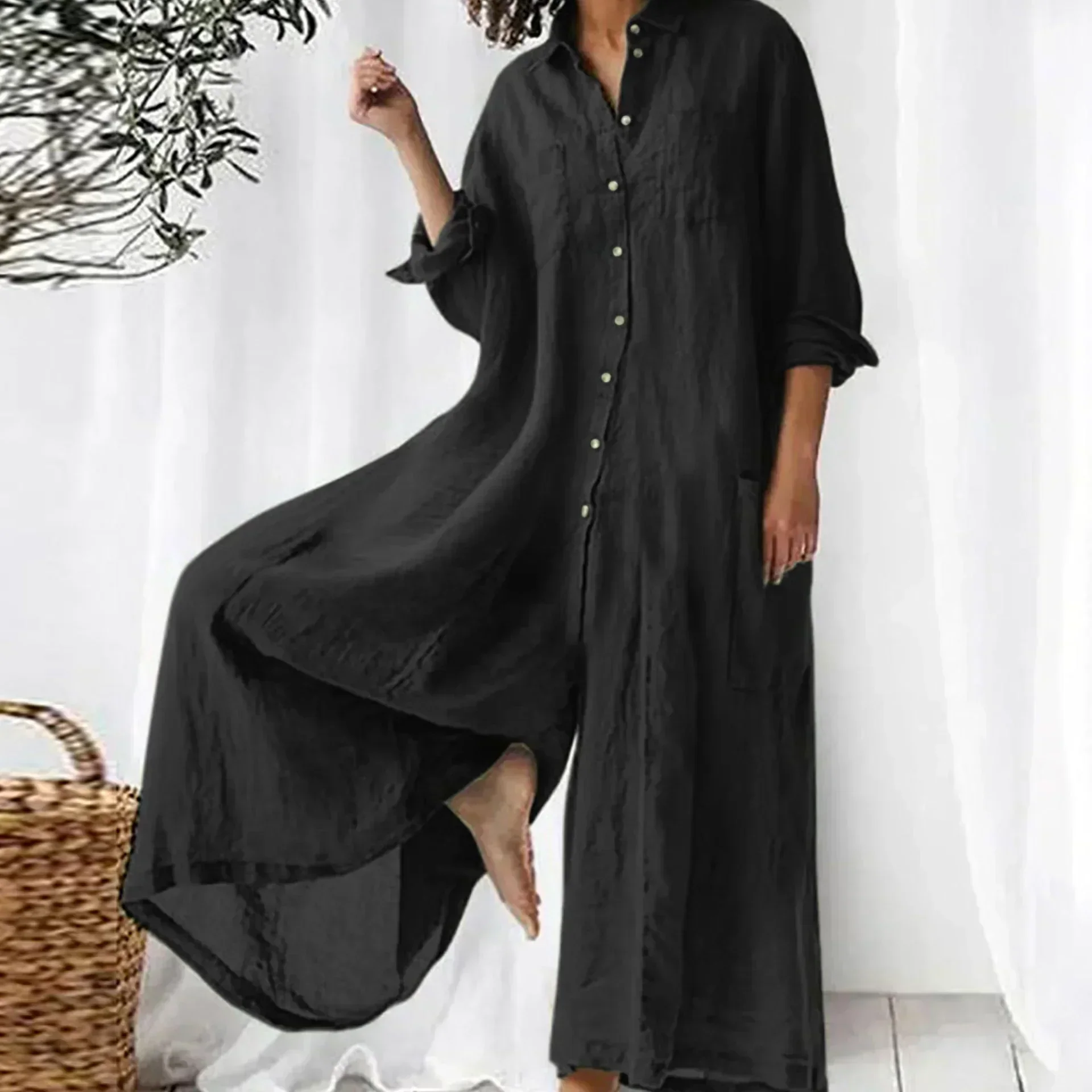Combinaison ample légère boutonnée jambes larges femmes – confortable - Image 4