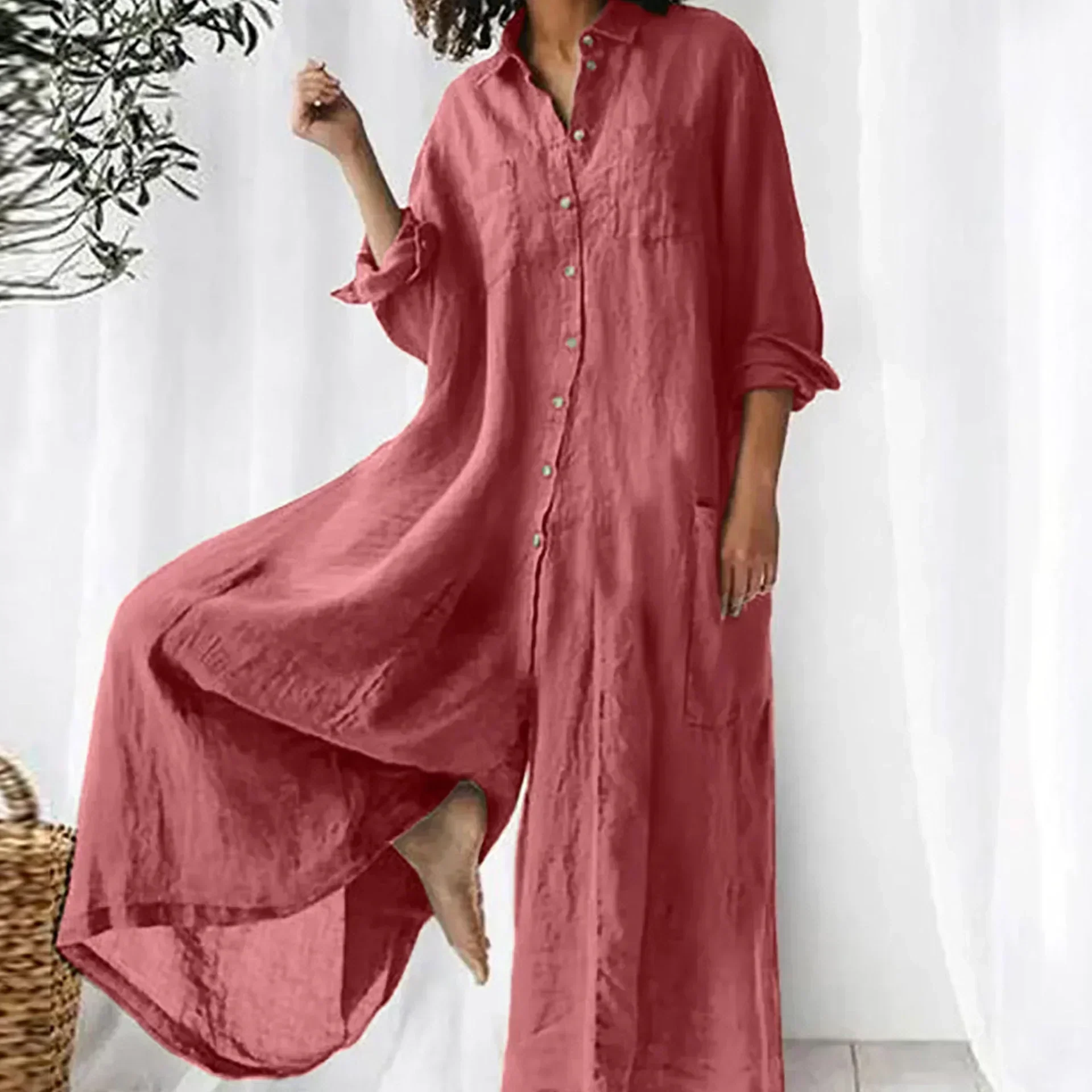 Combinaison ample légère boutonnée jambes larges femmes – confortable - Image 5