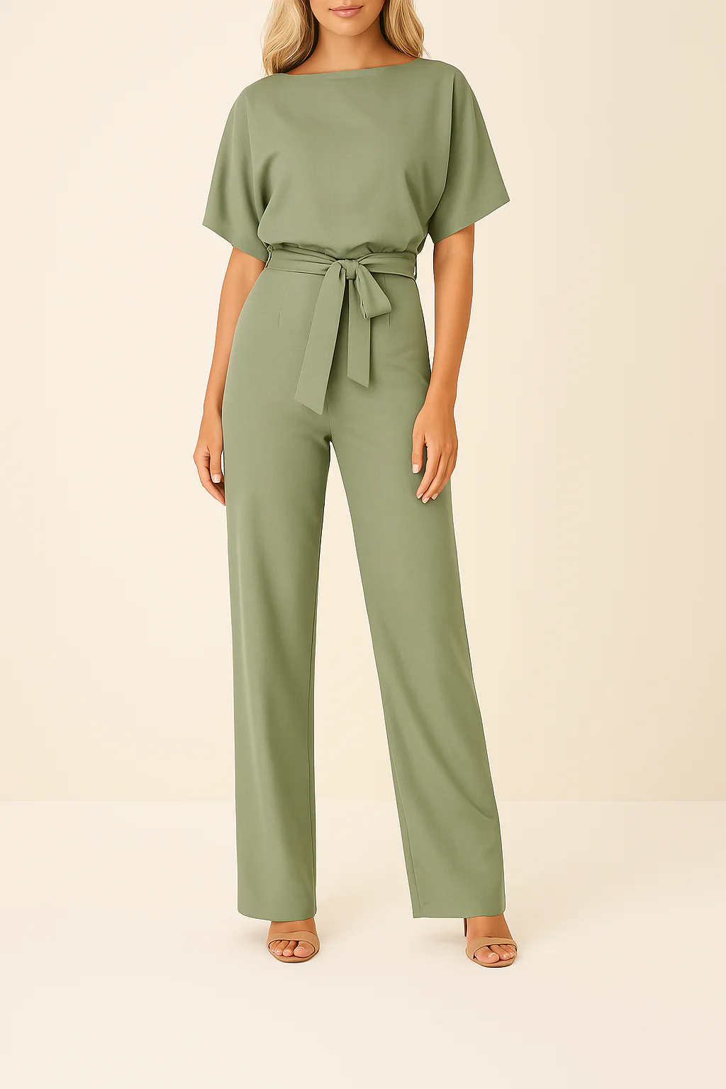 Combinaison Ceinturée Élégante pour Femme – Col Rond Manches Courtes Pantalon Large - Image 3