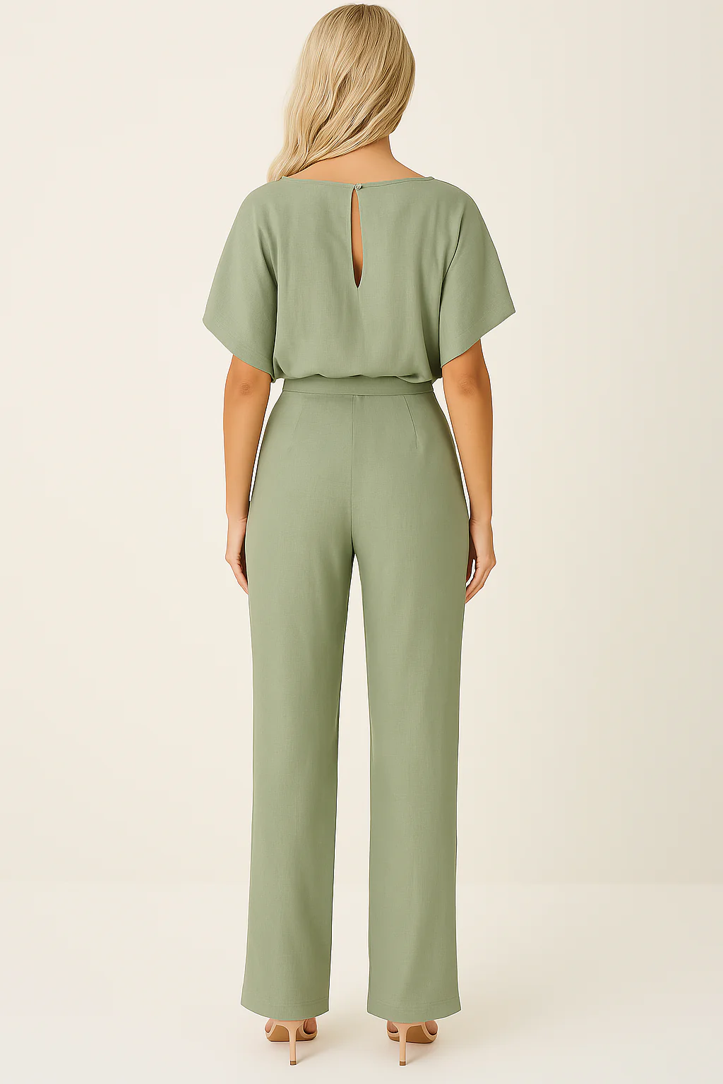Combinaison Ceinturée Élégante pour Femme – Col Rond Manches Courtes Pantalon Large - Image 4