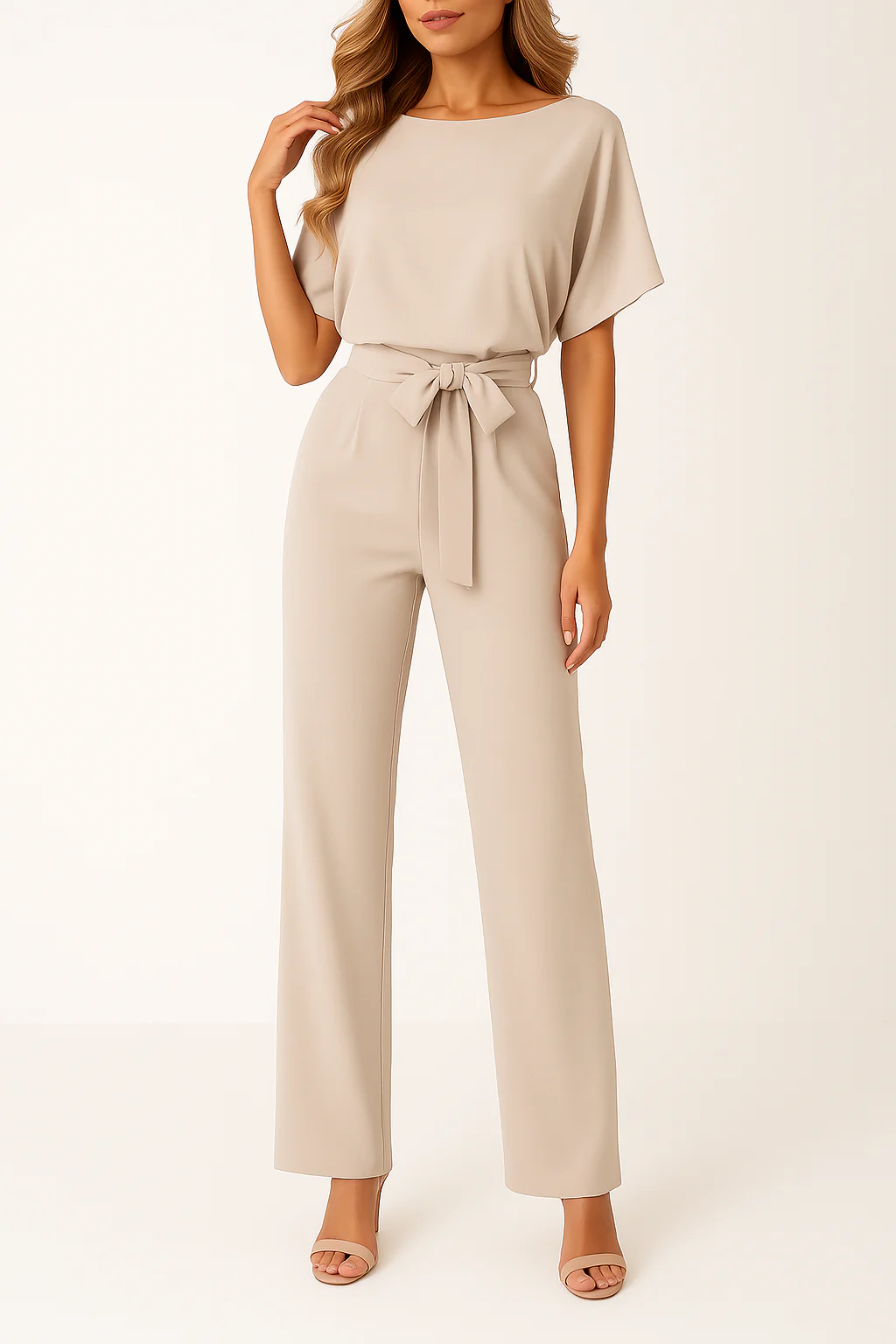 Combinaison Ceinturée Élégante pour Femme – Col Rond Manches Courtes Pantalon Large - Image 5
