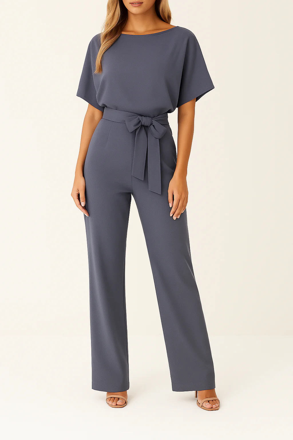 Combinaison Ceinturée Élégante pour Femme – Col Rond Manches Courtes Pantalon Large - Image 6
