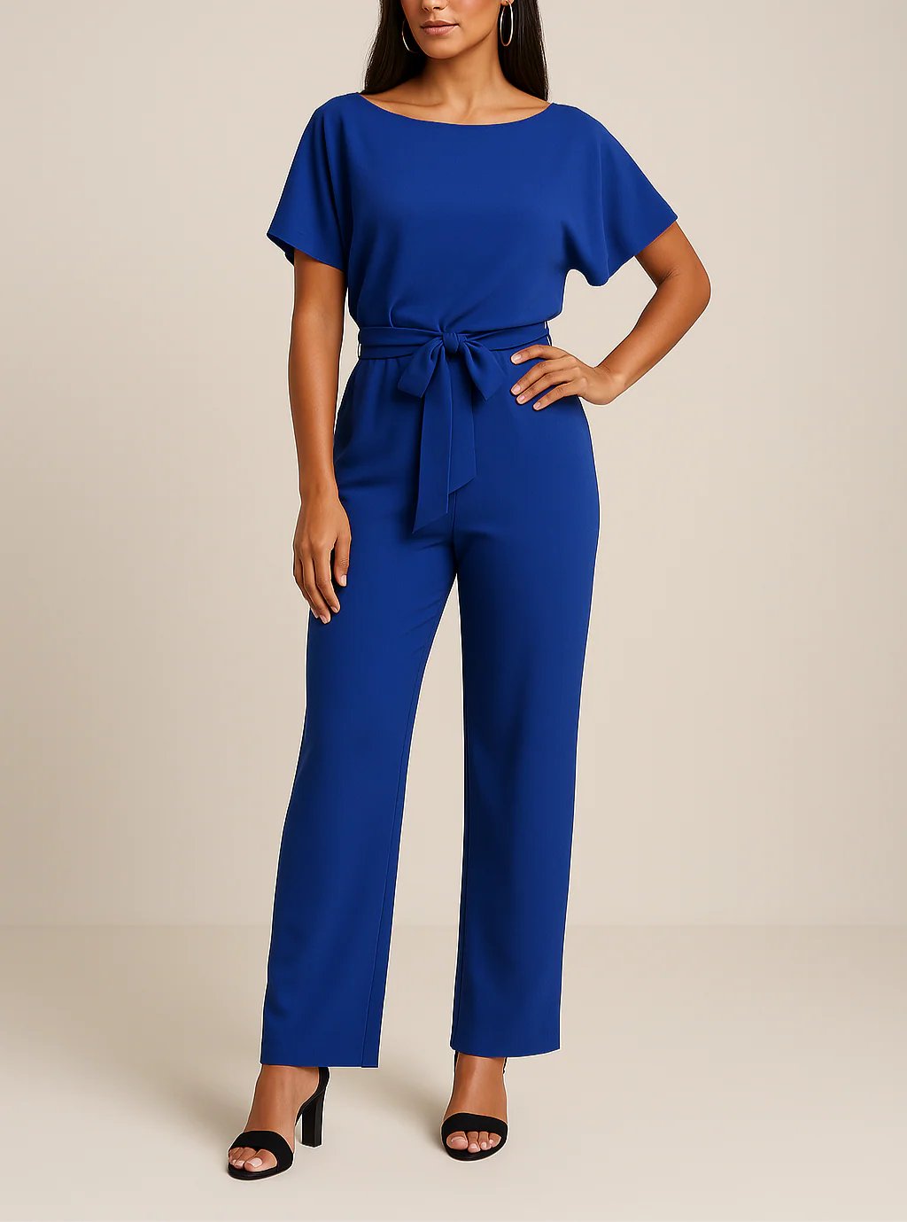Combinaison Ceinturée Élégante pour Femme – Col Rond Manches Courtes Pantalon Large - Image 7
