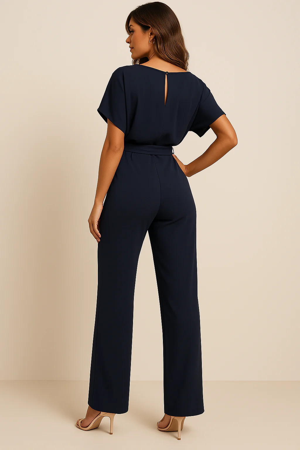 Combinaison Ceinturée Élégante pour Femme – Col Rond Manches Courtes Pantalon Large - Image 9