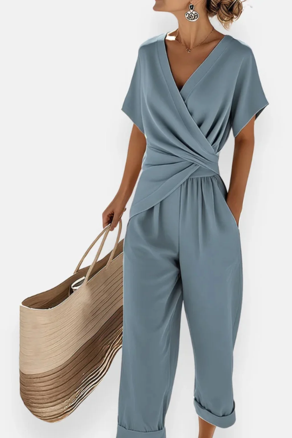 Combinaison courte portefeuille pour femme – Manches courtes et poches – Style décontracté d'été - Image 2