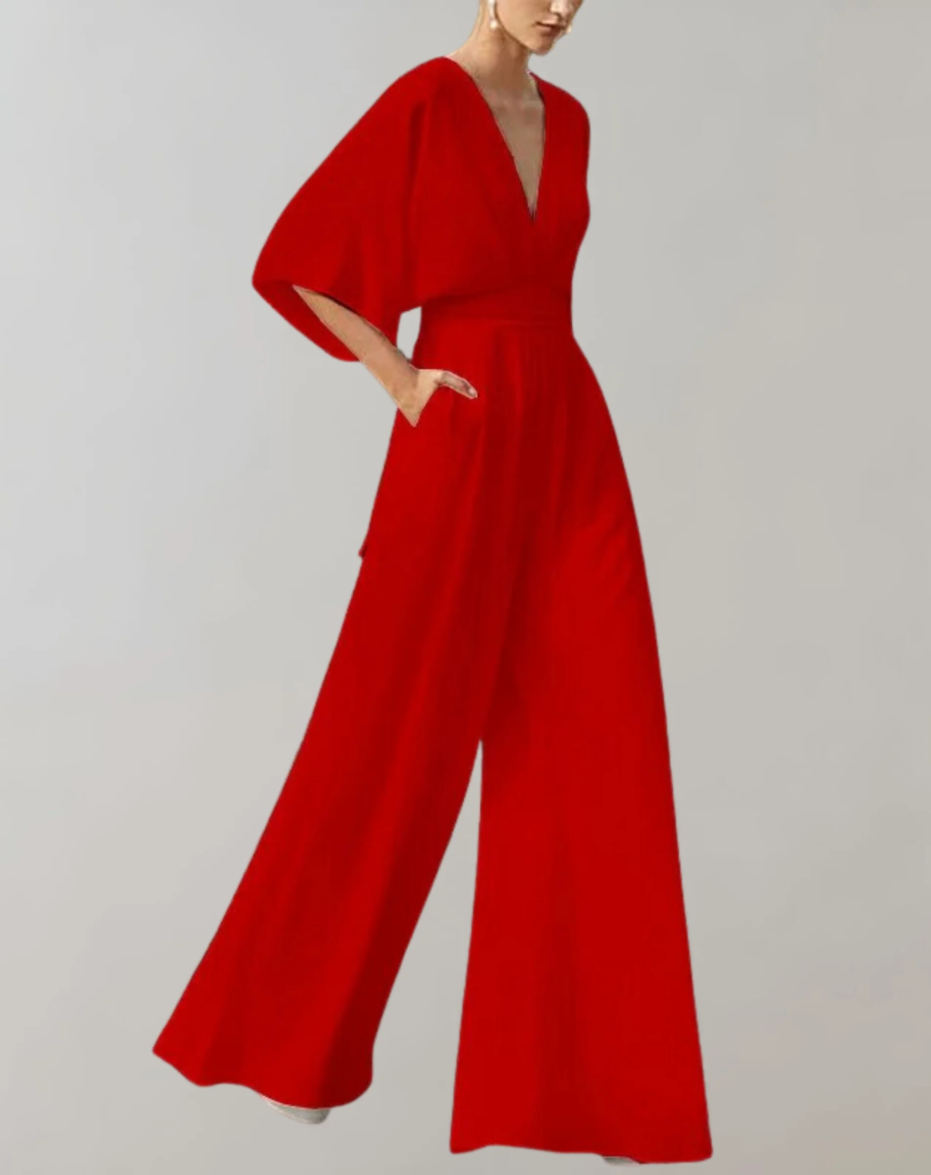 Combinaison Élégante à Col en V et Jambes Larges pour Femme – Tenue Confortable et Stylée - Image 2