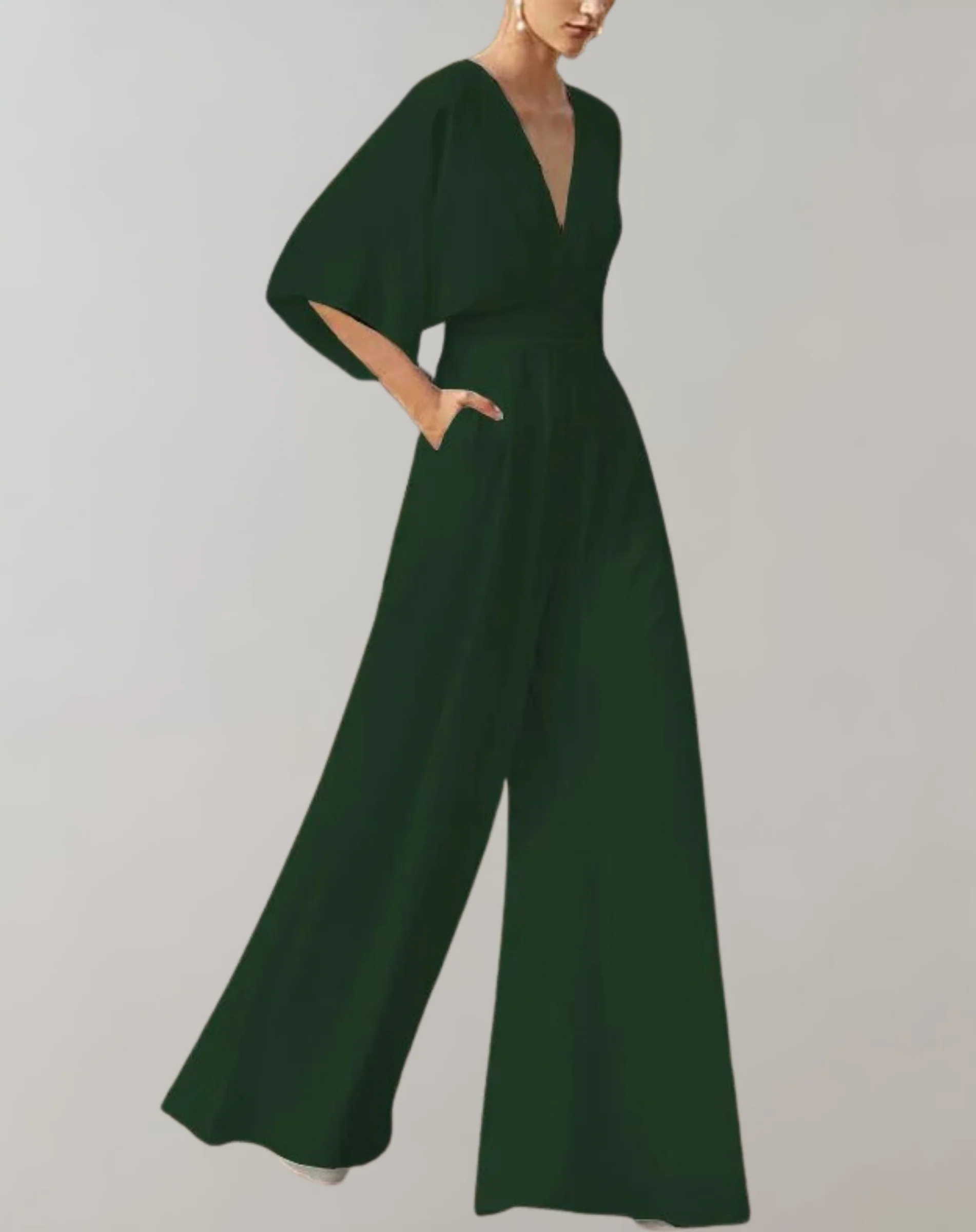 Combinaison Élégante à Col en V et Jambes Larges pour Femme – Tenue Confortable et Stylée - Image 3
