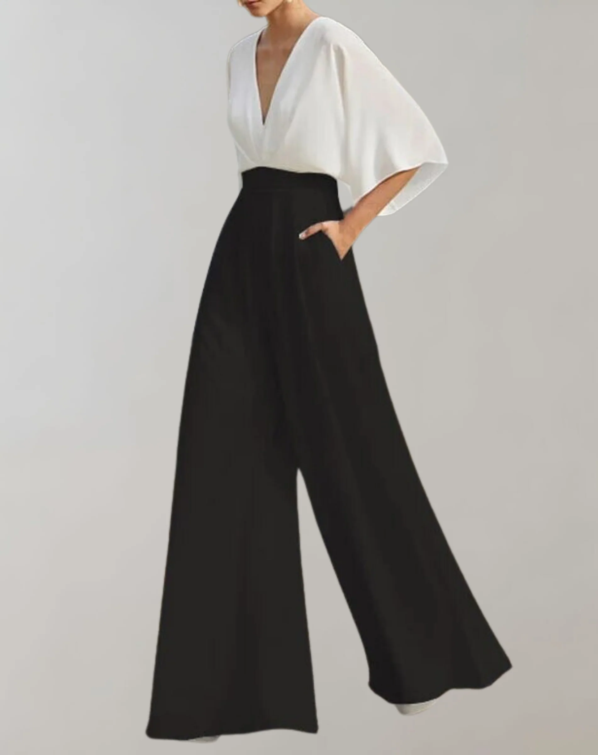Combinaison Élégante à Col en V et Jambes Larges pour Femme – Tenue Confortable et Stylée - Image 4