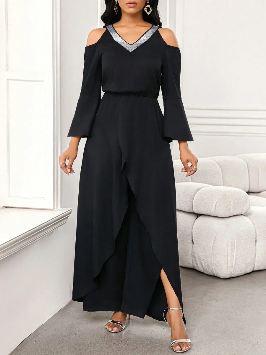 Combinaison Élégante Noire Femme – Col V avec Surpiqûres Contrastées