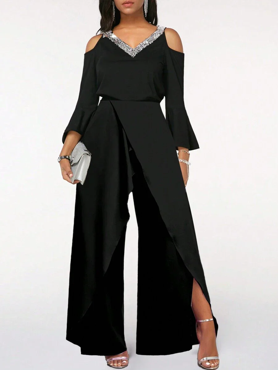 Combinaison Élégante Noire Femme – Col V avec Surpiqûres Contrastées - Image 2