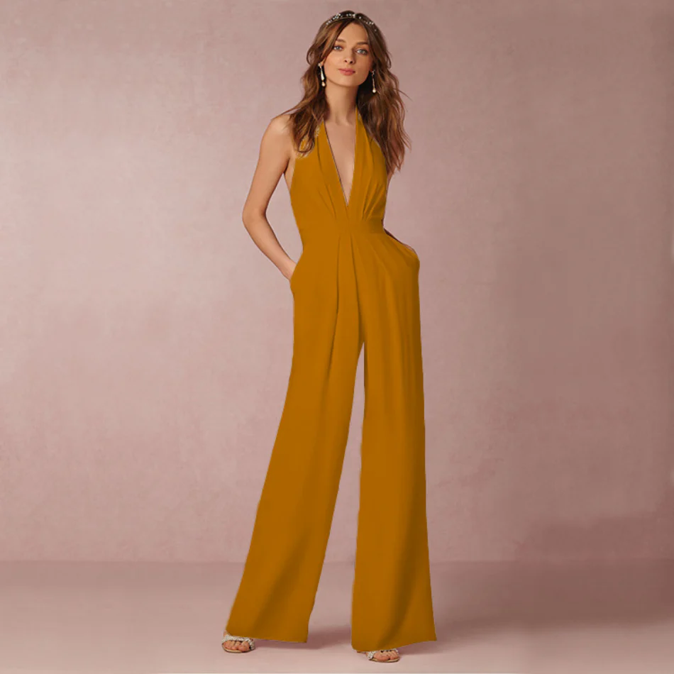 Combinaison élégante sans manches à jambes larges femmes – Encolure en V flatteuse, tenue une-pièce pour occasions décontractées ou formelles - Image 5