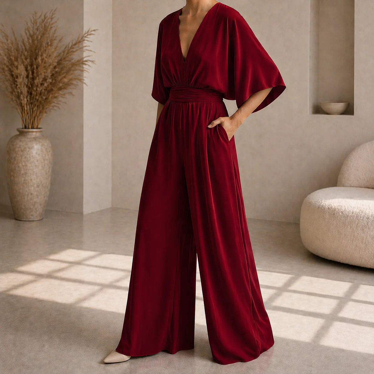 Combinaison femme col V cache-coeur - Chic et fluide - Image 4