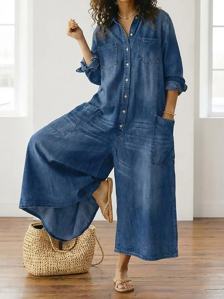 Combinaison Femme en Denim Foncé Délavé – Style Utility Décontracté à Boutons