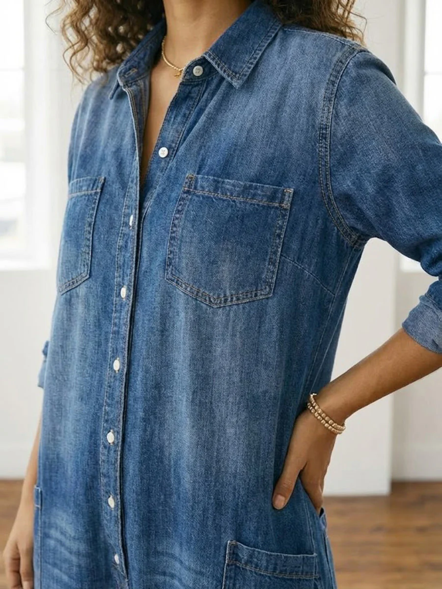 Combinaison Femme en Denim Foncé Délavé – Style Utility Décontracté à Boutons - Image 2