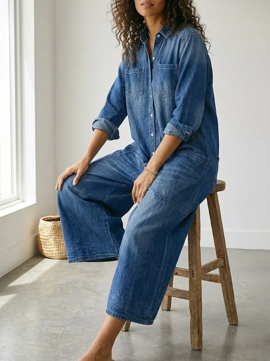 Combinaison Femme en Denim Foncé Délavé – Style Utility Décontracté à Boutons - Image 3