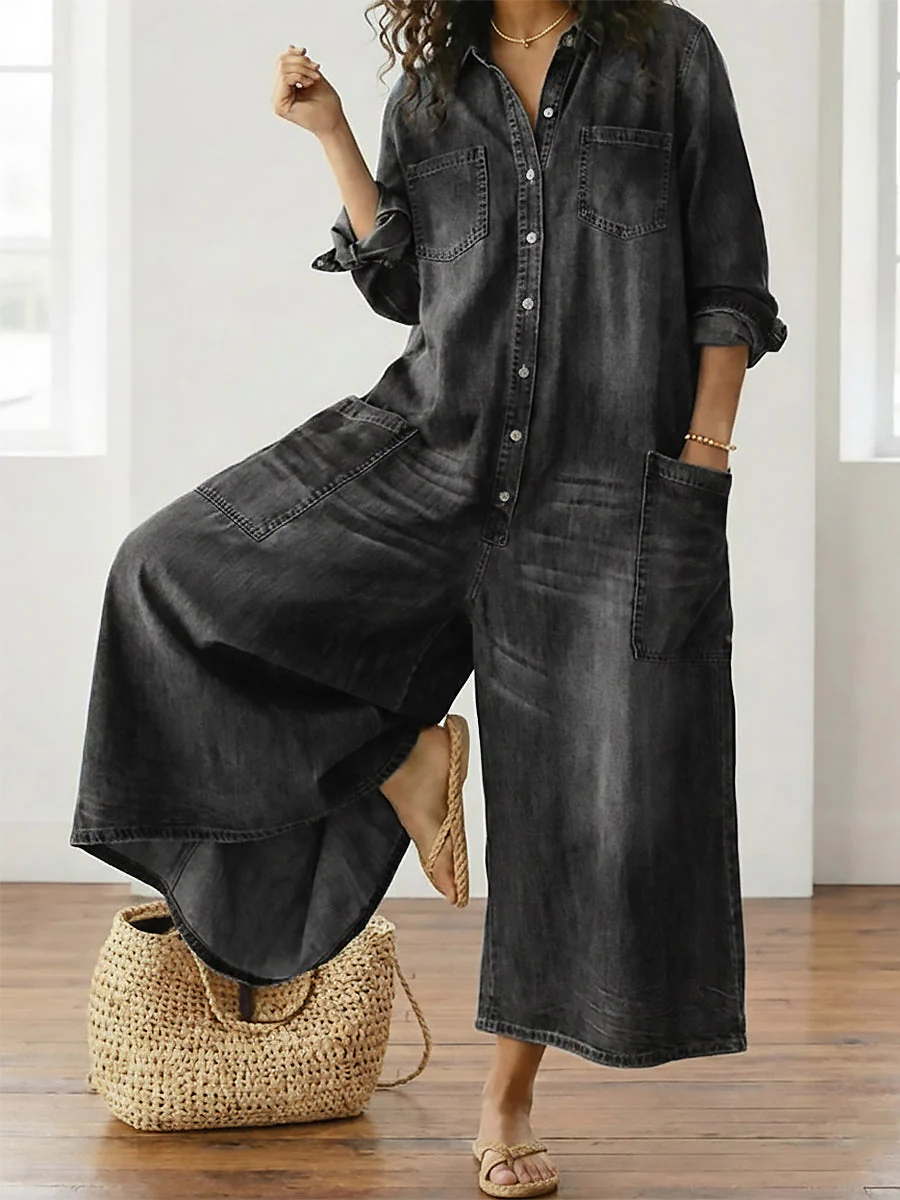 Combinaison Femme en Denim Foncé Délavé – Style Utility Décontracté à Boutons - Image 4