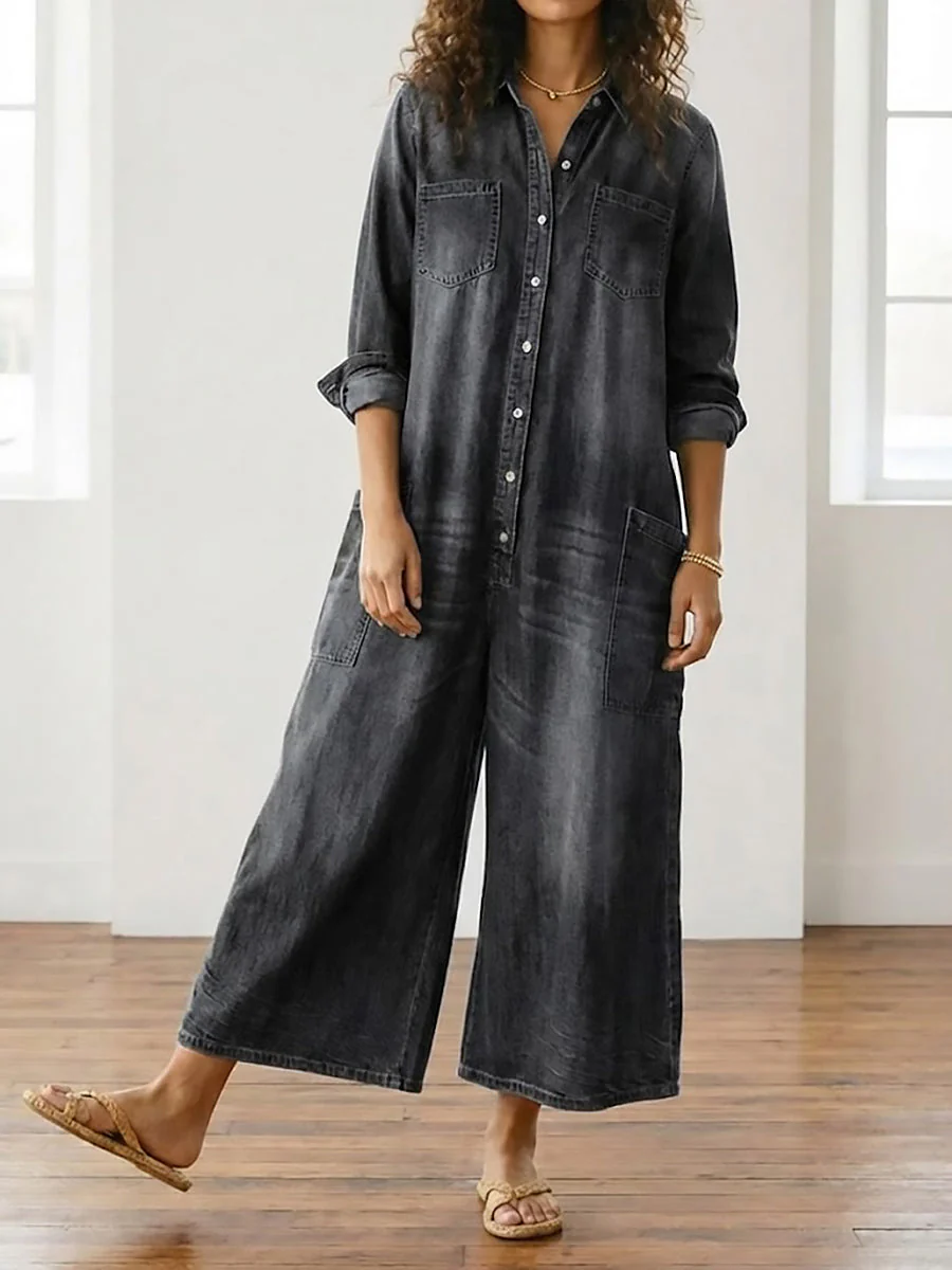 Combinaison Femme en Denim Foncé Délavé – Style Utility Décontracté à Boutons - Image 5