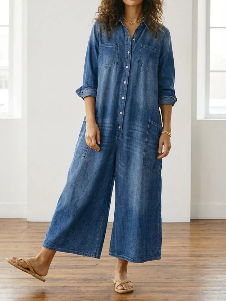 Combinaison Femme en Denim Foncé Délavé – Style Utility Décontracté à Boutons - Image 6