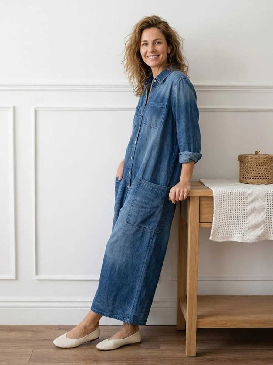 Combinaison Femme en Denim Foncé Délavé – Style Utility Décontracté à Boutons - Image 7
