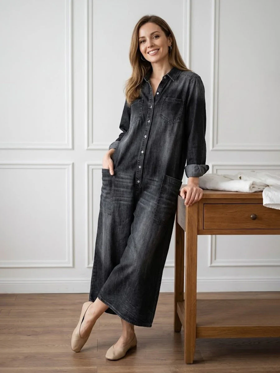 Combinaison Femme en Denim Foncé Délavé – Style Utility Décontracté à Boutons - Image 8
