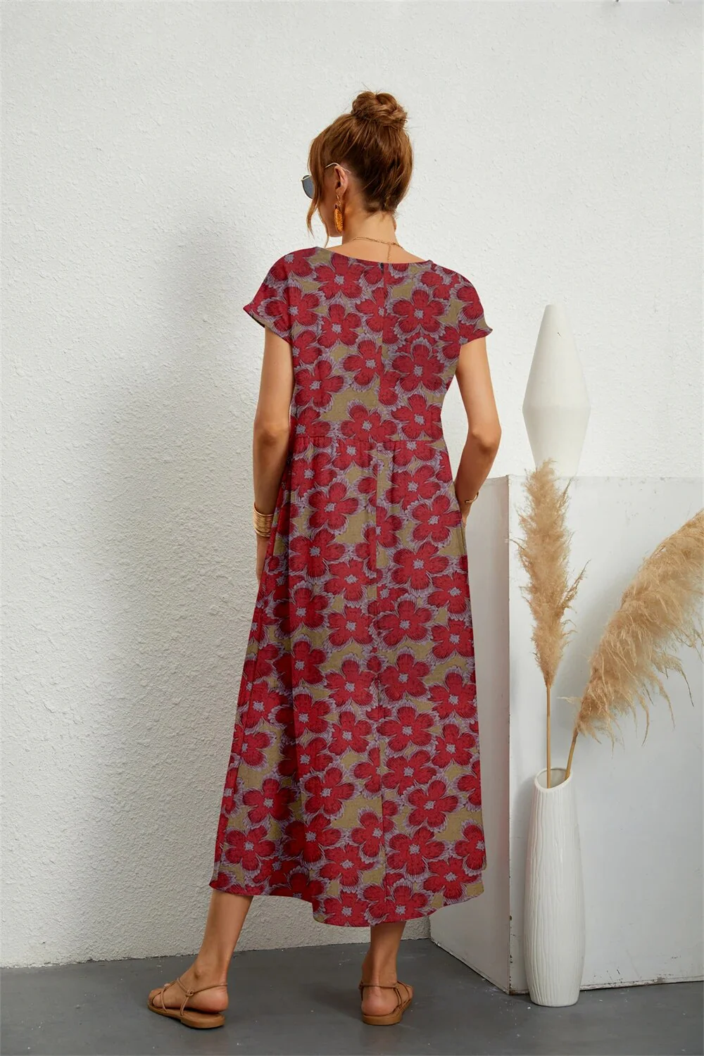 Robe Midi Élégante Fleurie en Coton et Lin Femme – Robe d'Été Décontractée à Manches Courtes et Col Rond Légère pour un Confort Quotidien - Image 4