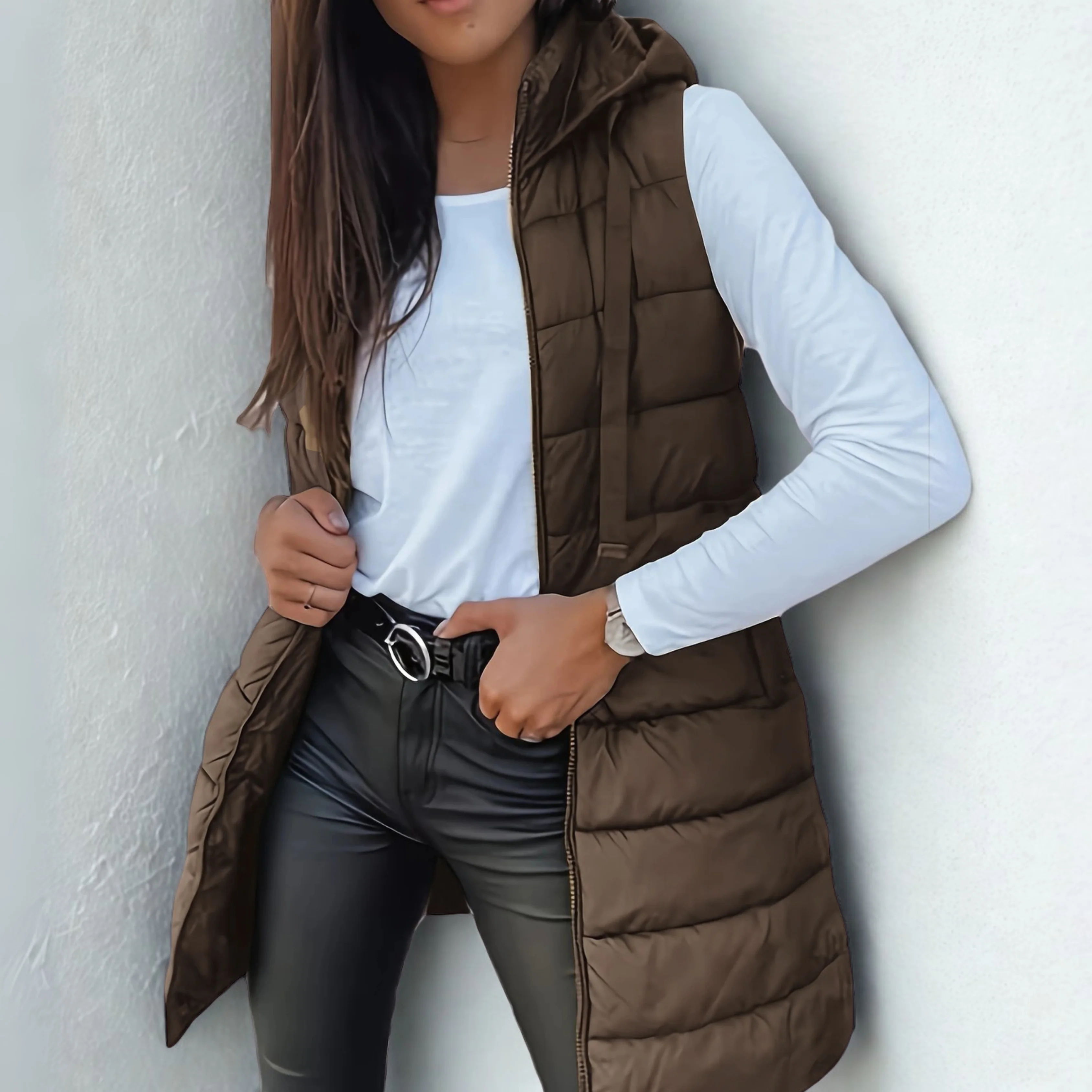 Doudoune longue sans manches femme – Gilet matelassé à capuche léger et chaud - Image 7