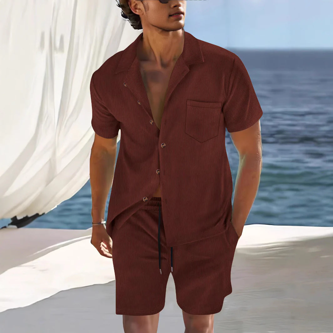Ensemble aspect lin pour homme | Chemise manches courtes & short | Coordonné naturel prêt pour la plage - Image 3