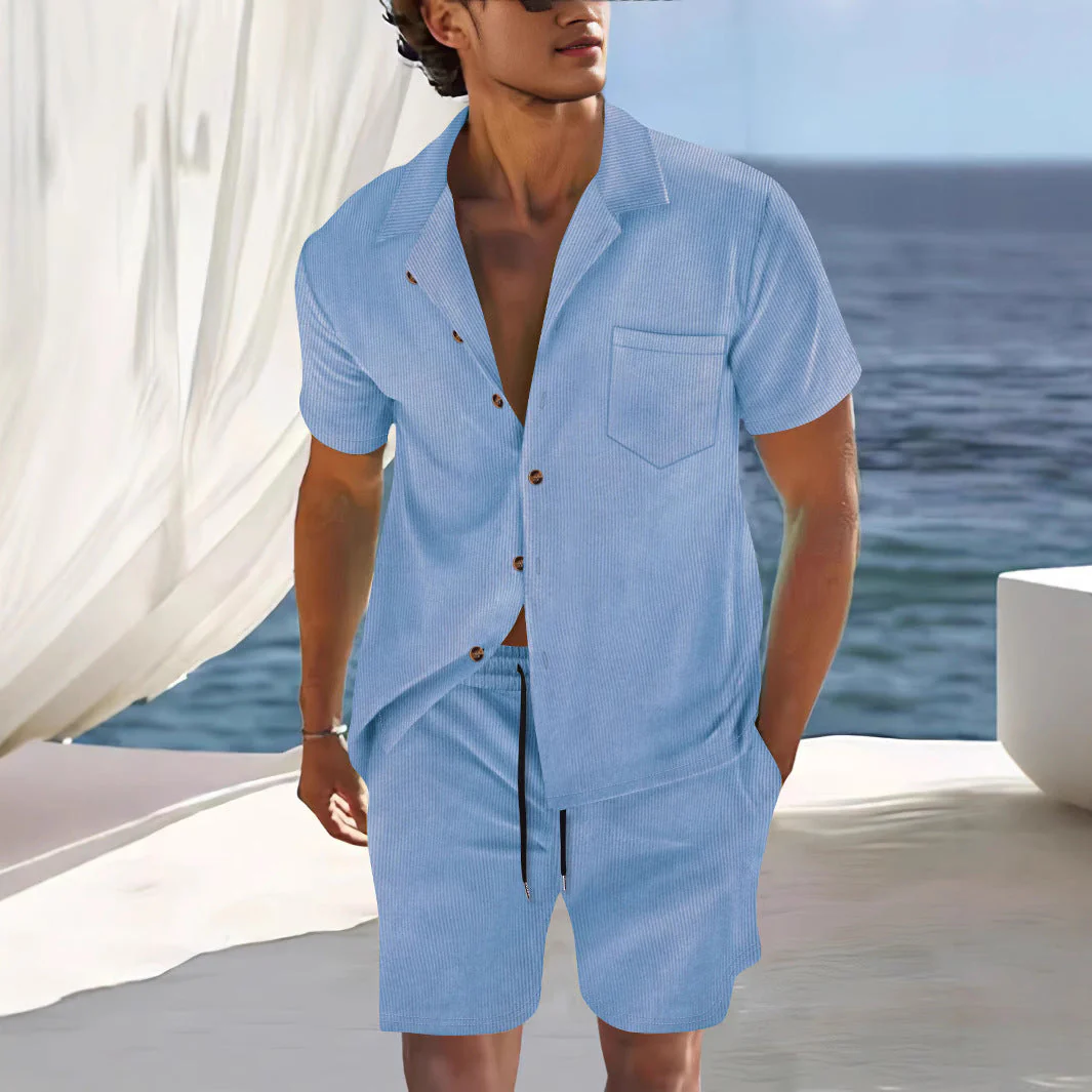 Ensemble aspect lin pour homme | Chemise manches courtes & short | Coordonné naturel prêt pour la plage - Image 4