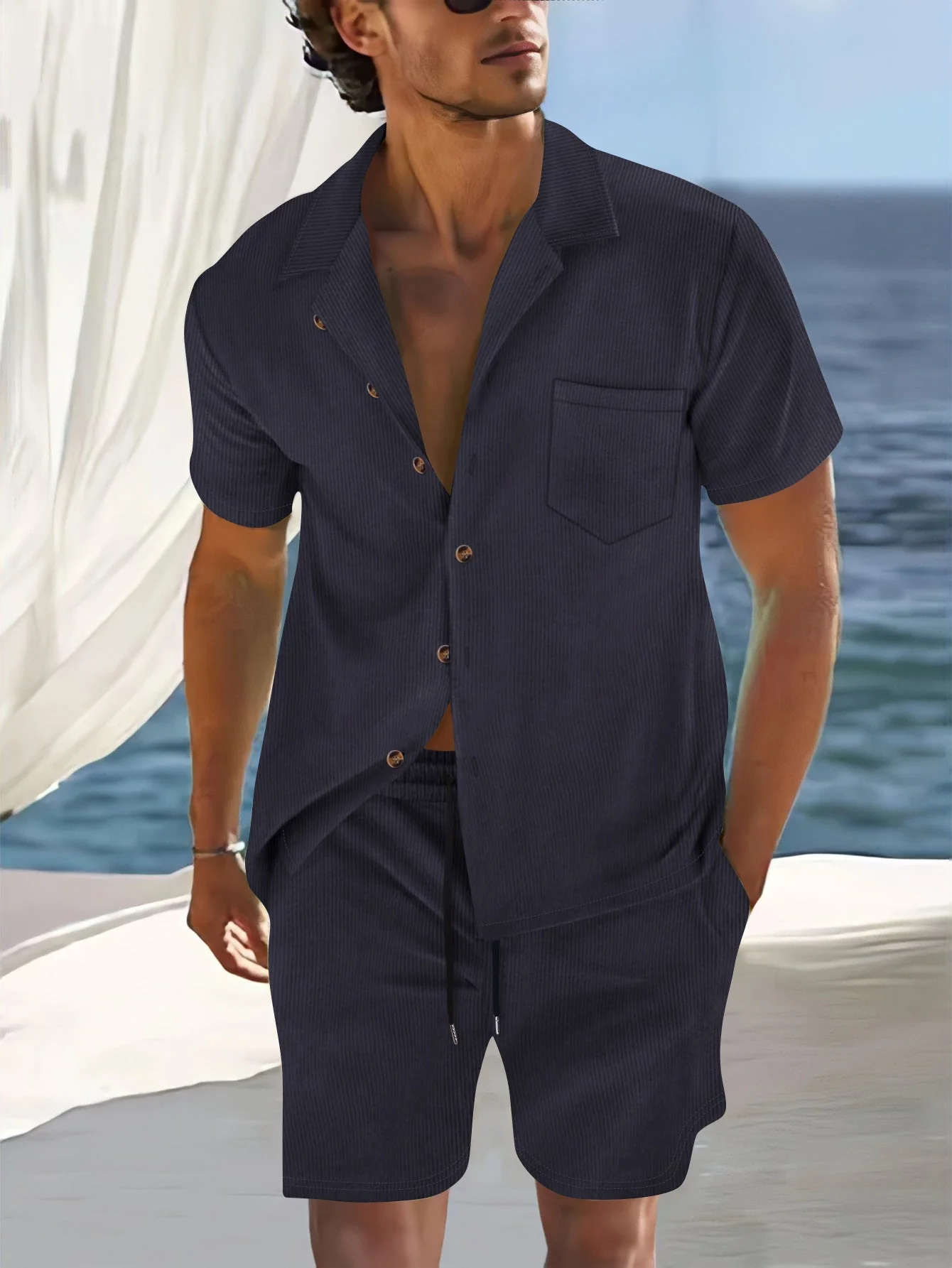 Ensemble aspect lin pour homme | Chemise manches courtes & short | Coordonné naturel prêt pour la plage - Image 5