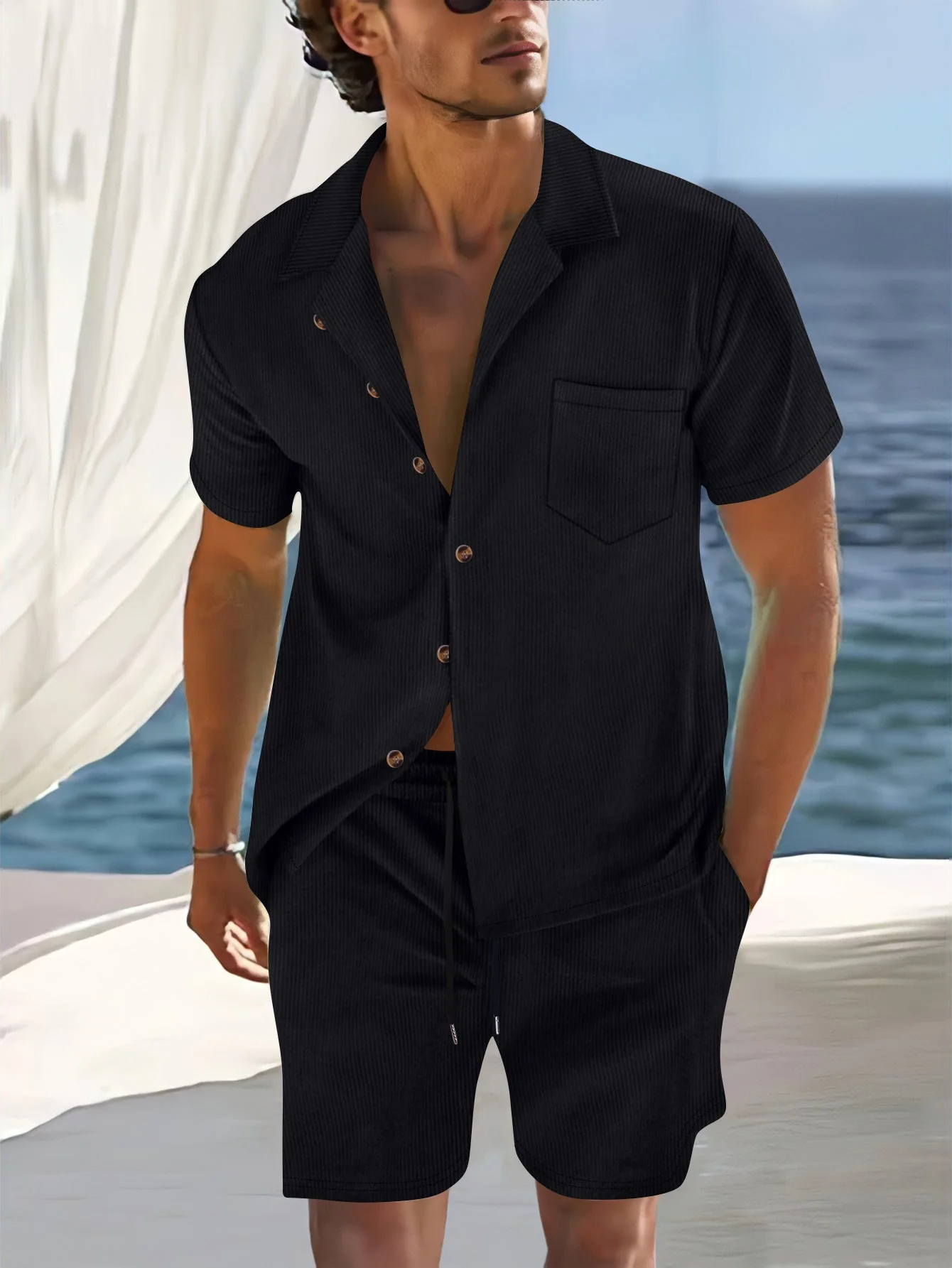 Ensemble aspect lin pour homme | Chemise manches courtes & short | Coordonné naturel prêt pour la plage - Image 6