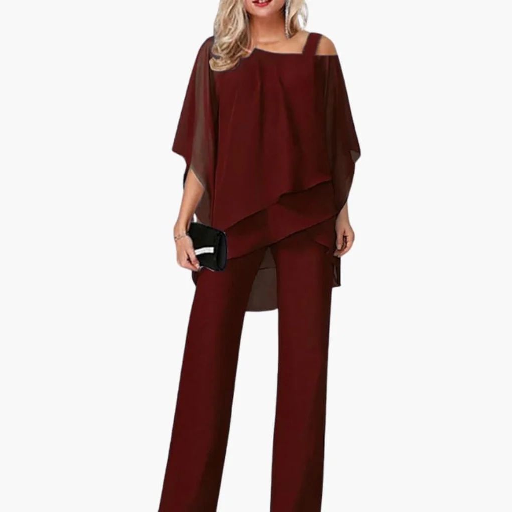 Ensemble Chiffon Épaules Dénudées Femme – Haut Élégant et Pantalon Large - Image 2