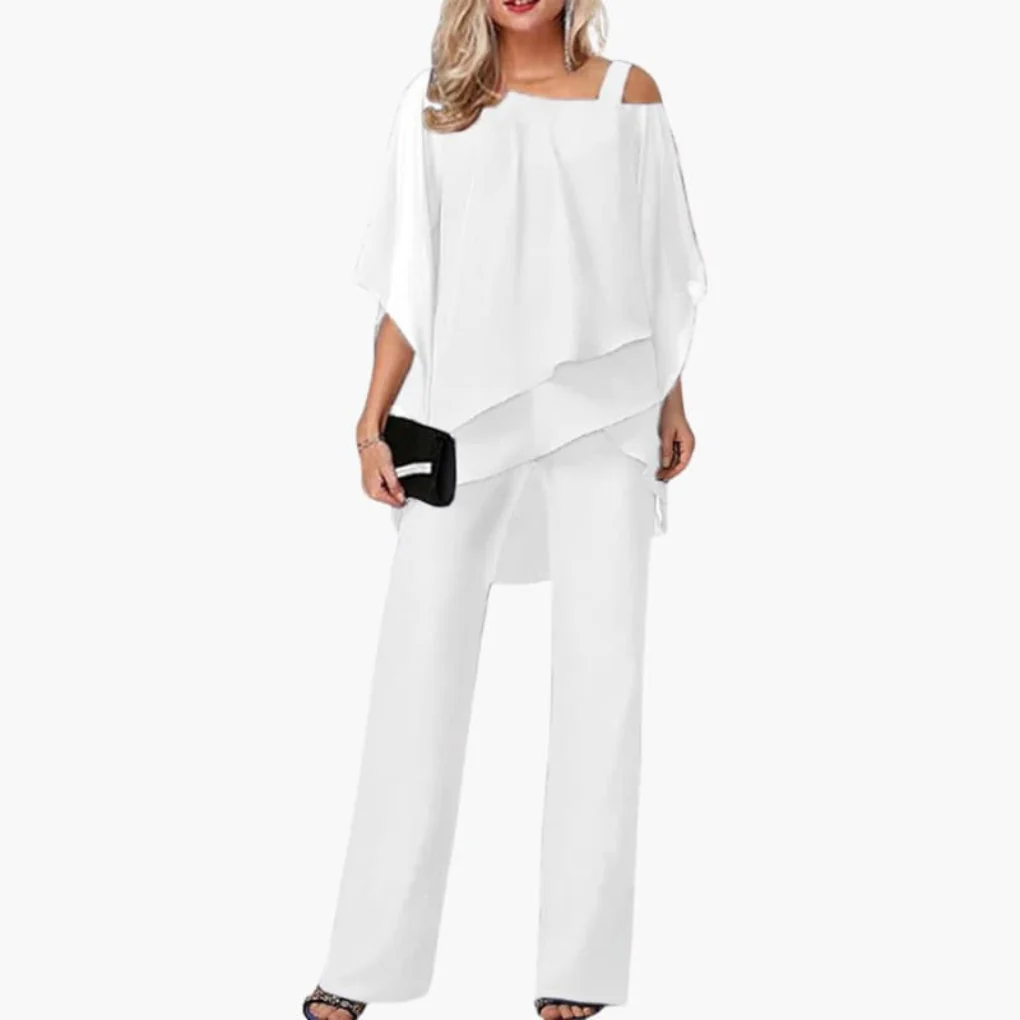 Ensemble Chiffon Épaules Dénudées Femme – Haut Élégant et Pantalon Large - Image 3