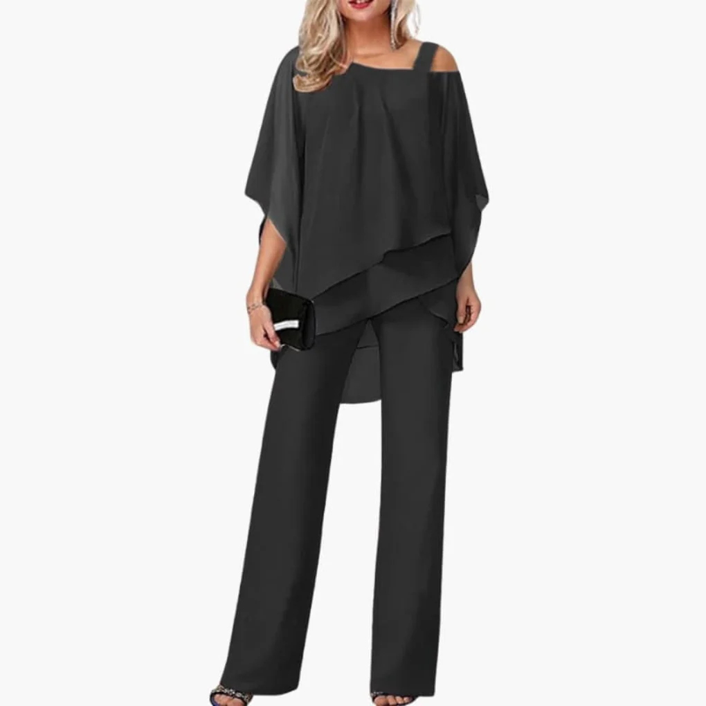 Ensemble Chiffon Épaules Dénudées Femme – Haut Élégant et Pantalon Large - Image 4